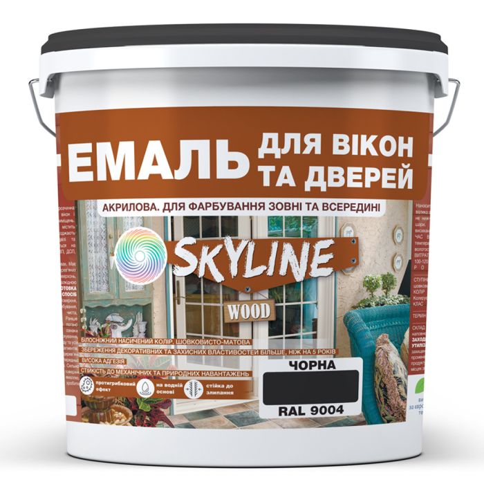 Емаль акрилова Для Вікон та Дверей SkyLine Wood Чорна RAL 9004 10 л