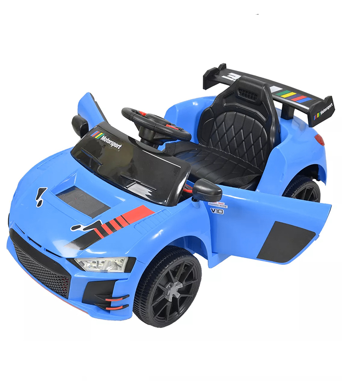 Детский электромобиль Cabrio 6V 5A (спойлер, пульт, LED-фары, звук, открывающиеся двери, педаль газа), Синий