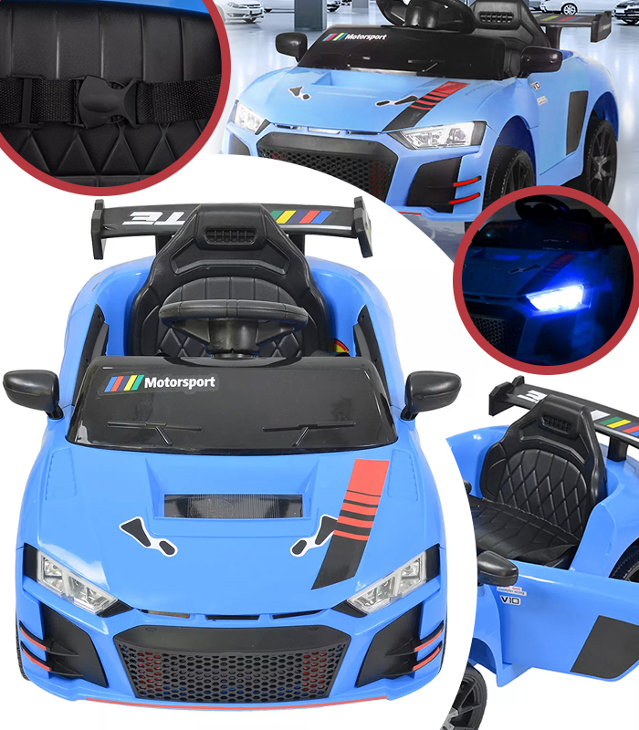 Детский электромобиль Cabrio 6V 5A (спойлер, пульт, LED-фары, звук, открывающиеся двери, педаль газа), Синий