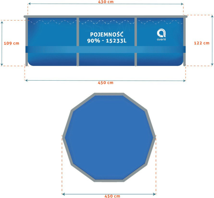 Круглый каркасный басейн Avenli (450 x 122 см) для взрослых и детей, комплектация 18в1, Синий