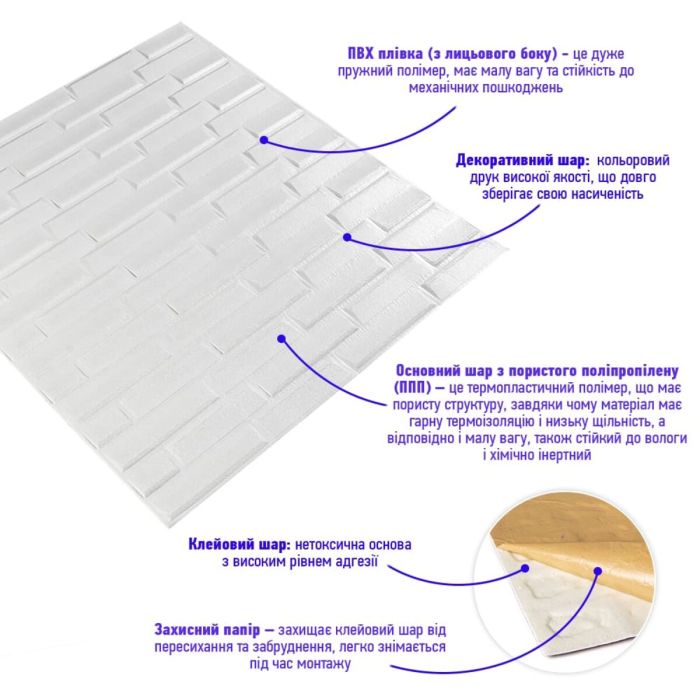 3D панель самоклеющаяся кладка белая 770х700х5 мм (031) SW-00000167