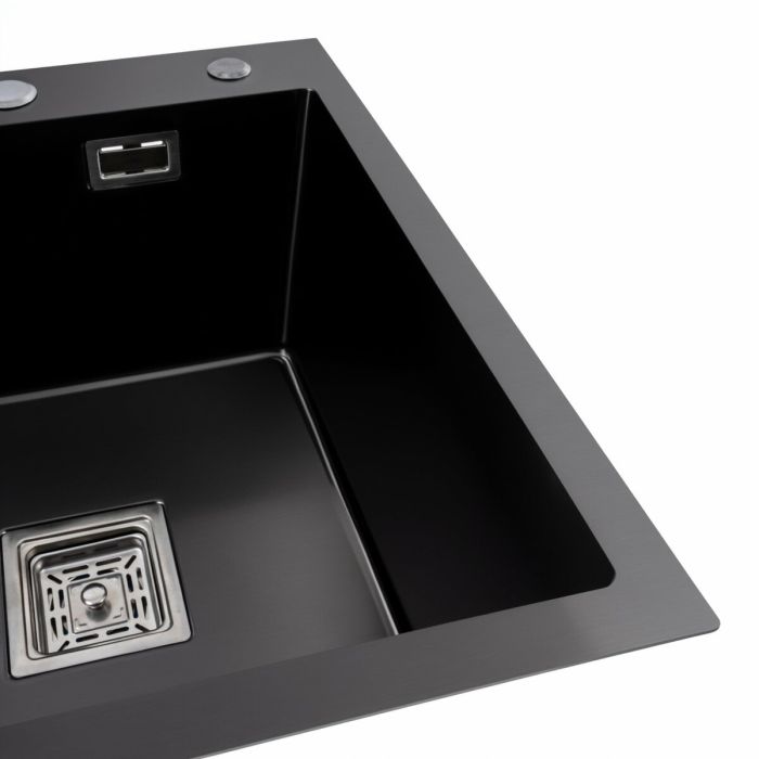 Кухонне миття чорне Platinum PVD Handmade 65*50 R(квадратний сифон 3,0/1)